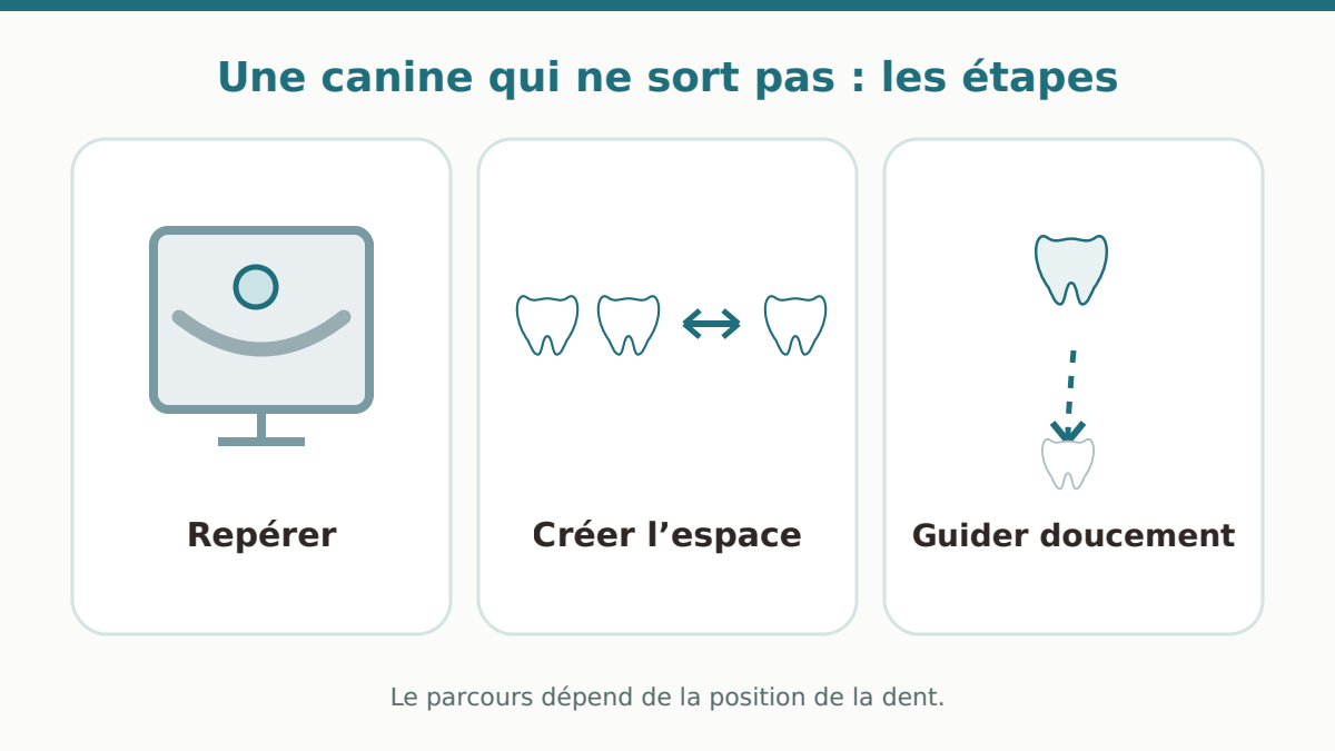 Trois étapes : repérer la canine incluse, créer l'espace, la guider doucement