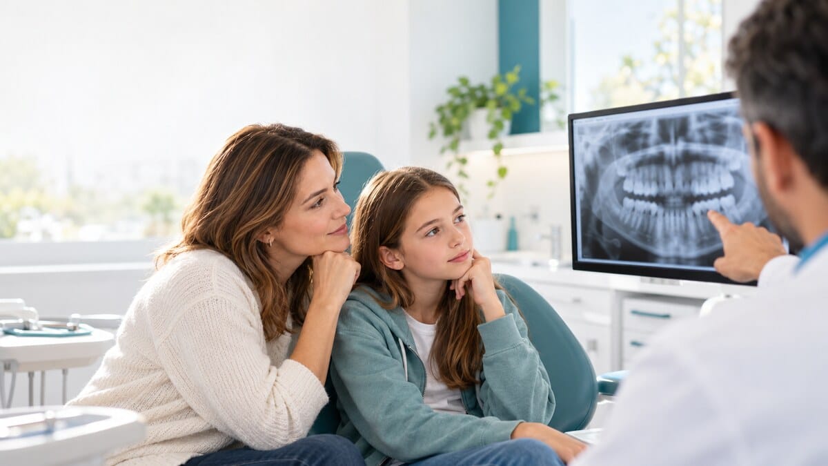 Parent et enfant discutant d'une radiographie panoramique avec un orthodontiste