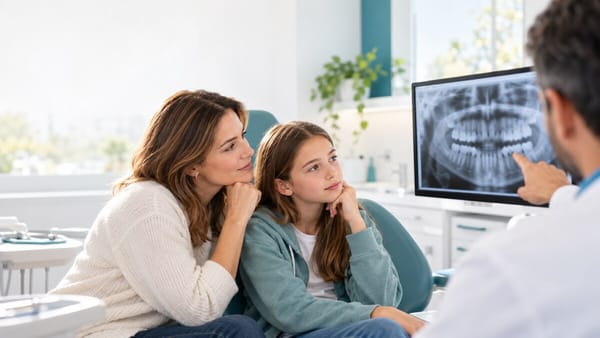 Parent et enfant discutant d'une radiographie panoramique avec un orthodontiste