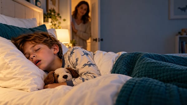 Enfant endormi la bouche entrouverte, un parent veille à la porte